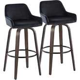 Daniella 30" Swivel Bar Stool in Walnut Glazed Wood & Black Velvet with Black Footrest (Set of 2)